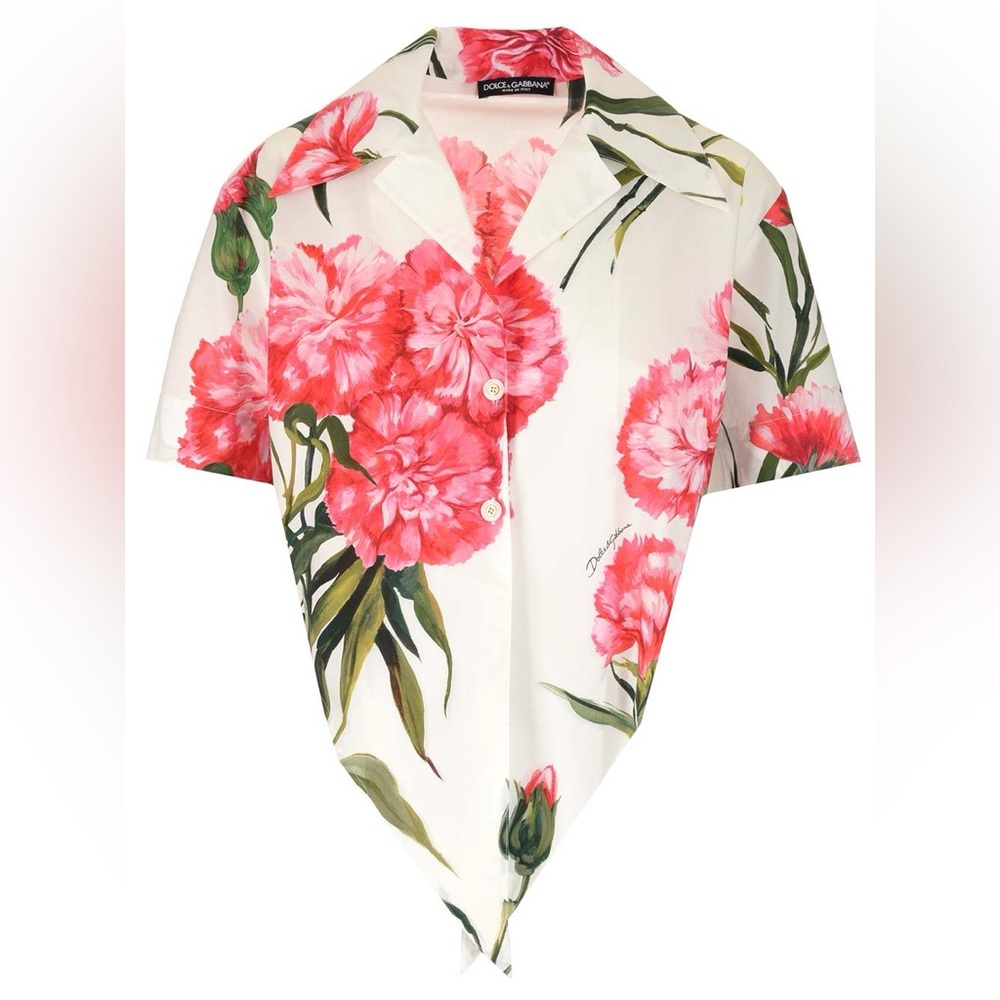 Dolce & Gabbana Carnation-print Poplin Shirt With Knot Detail- NEW WITH TAGS